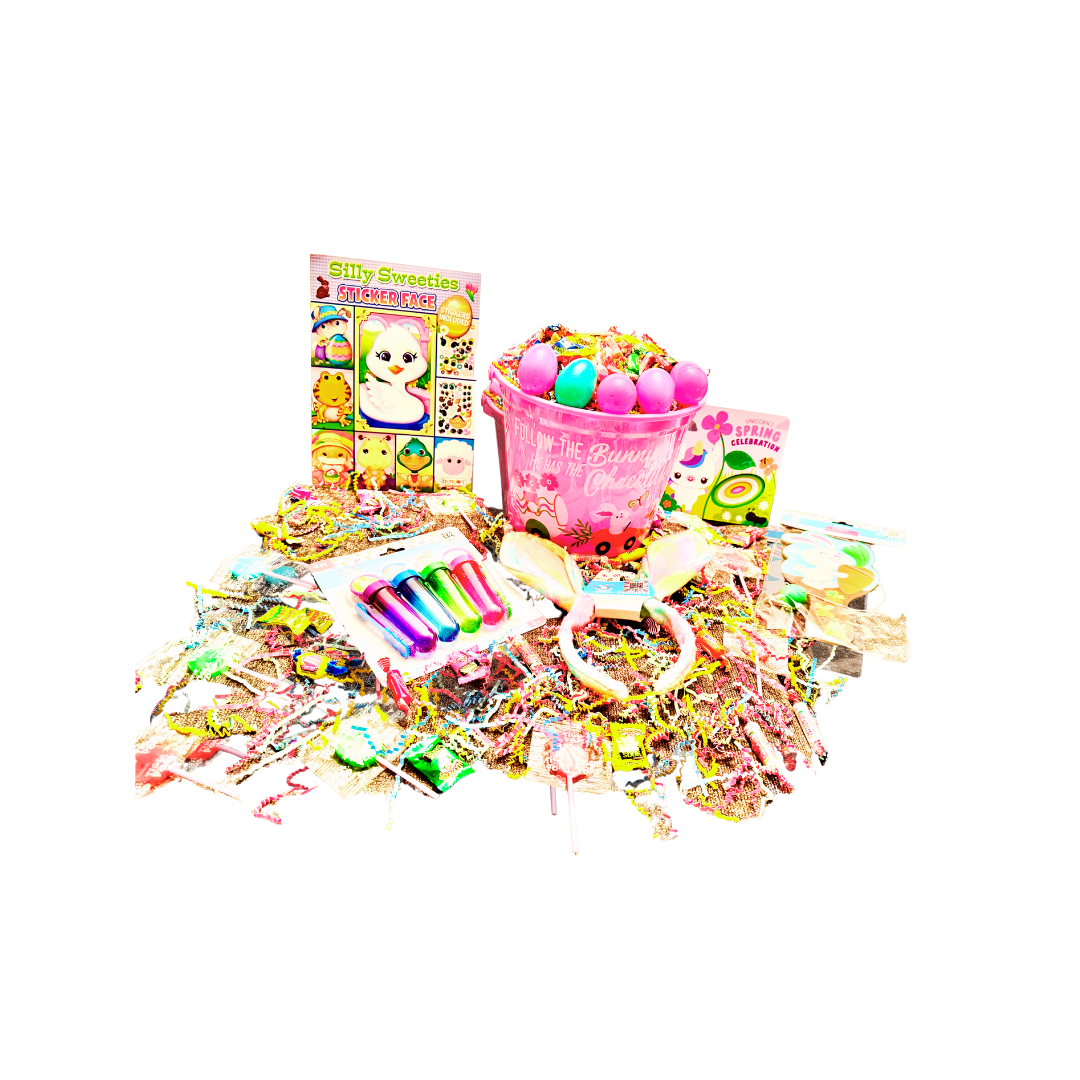 Pink Easter Basket Prefilled Custom 44 Pieces, Candy Treats Toys Activity Books, All Youth