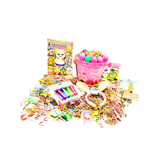 Pink Easter Basket Prefilled Custom 44 Pieces, Candy Treats Toys Activity Books, All Youth