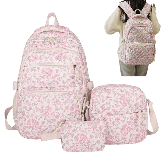 Pink Cute Backpack, Quilted Floral Backpack Set for Hers, School bag for Primary Elementary Teenage, Middle School Students Bookbag