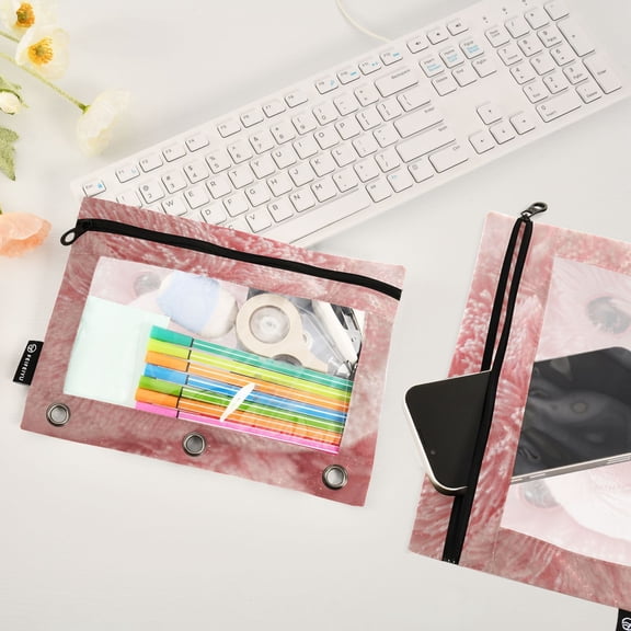 Pink Cute Bear 2 Pack Pencil Pouches Zipper Pencil Case 3 Ring Pencil Pouch Cosmetic Bag