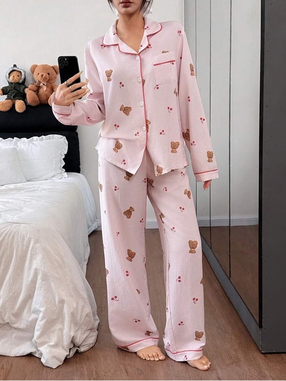 Pink Cute Bear & Cherry Print Long Sleeve PJS For Women Teddy Bear Comfy
