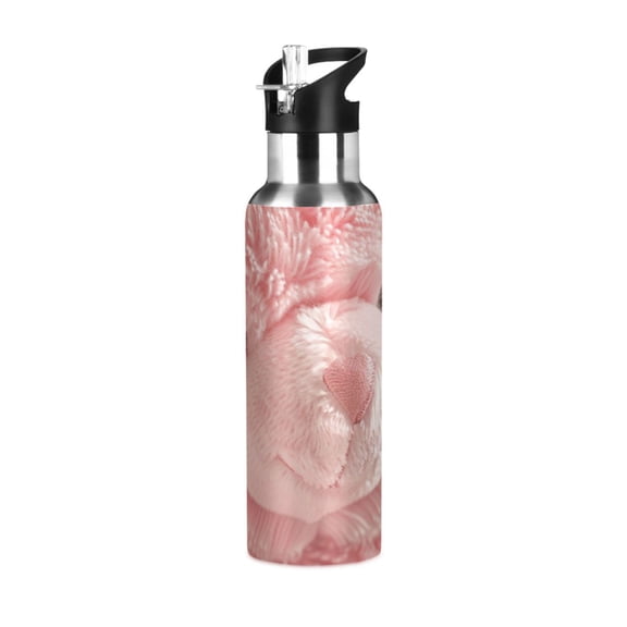 Pink Cute Bear Sports Water Bottle with Straw Lid Insulated Stainless Steel Leak Proof BPA Free Thermal Mug with Handle for Gym Yoga Cycling Camping
