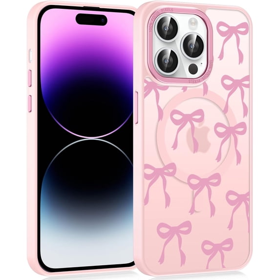 Pink Cute Bow Phone Case for iPhone 15 Pro Max 6.7", Compatible with MagSafe, Ribbon Bowknot Pattern Print Design Magnetic Case for Women Girls Soft TPU Hard PC Back Shockproof Funda Cover