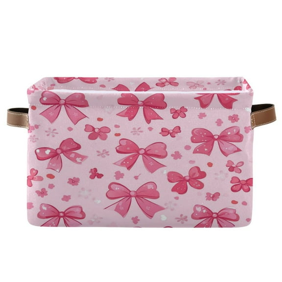 Pink Cute Bows Foldable Storage Basket,Canvas Fabric Foldable Storage Bins with Handles Open Home Storage Bins Boxes for Toy Book Shelf Closet Baskets