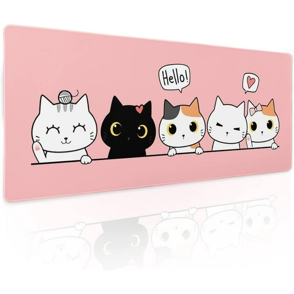 Pink Cute Cat Gaming Mouse Pad XL Kawaii Kittens Anime Extended Big Large Desk Mat Non-Slip Rubber Base Stitched Edge Long Keyboard Mousepad for PC Computer Laptop,31.5×11.8 Inches