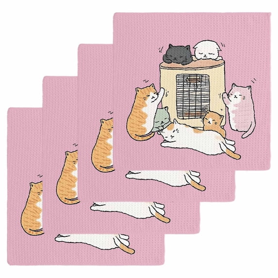 Pink Cute Cat Kitchen Dish Towels for Drying Dishes Set of 4, Cartoon Funny Heater Cats Waffle Weave Microfiber Hand Tea Bathroom Towels Quick Dry & Absorbent Towel 12x12