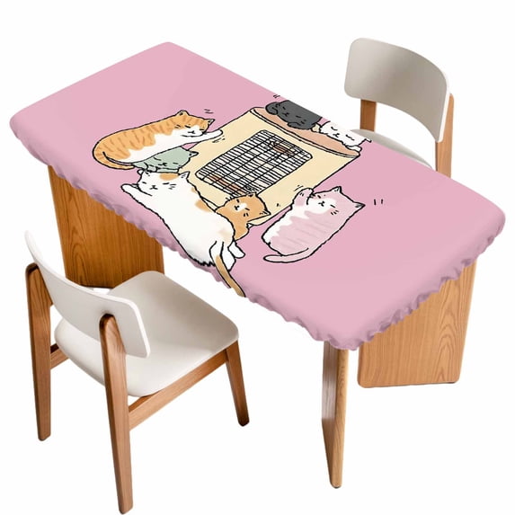 Pink Cute Cat Table Cloths for 4 Foot Rectangle Tables, Cartoon Funny Heater Cats Patio Waterproof Elastic Fitted Tablecloths, Washable Rectangular Table Cover for Camping