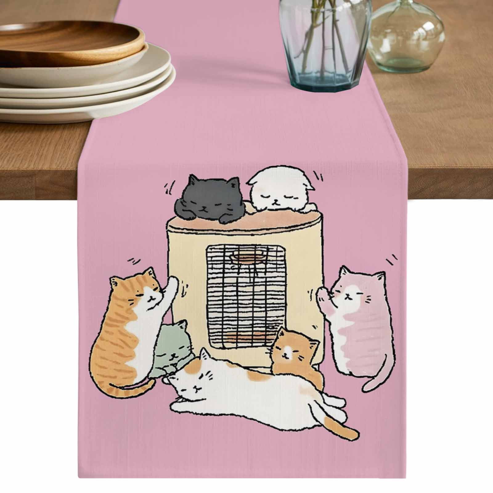 Pink Cute Cat Table Runner, Cartoon Funny Heater Cats Washable Cotton ...