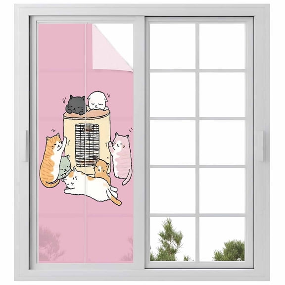 Pink Cute Cat Window Privacy Film, Cartoon Funny Heater Cats Static Cling UV Sun Blocking Heat Control Window Tint Day and Night, Non-Adhesive Reusable One Way Windows Privacy Cover 23.6''x59''