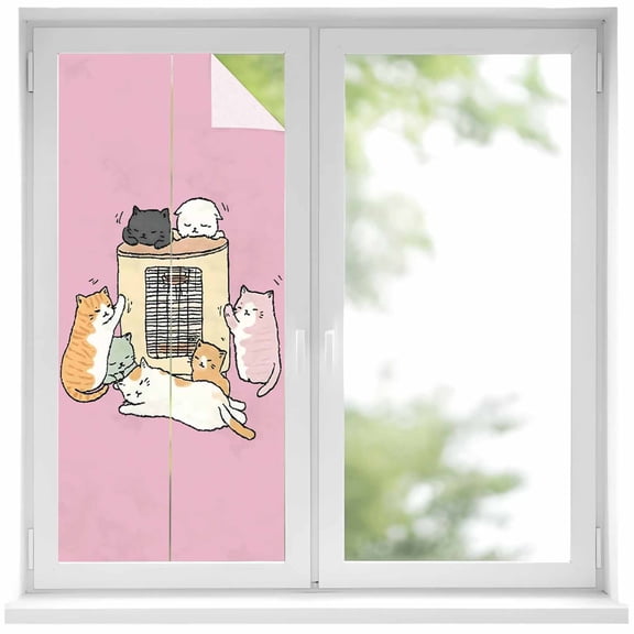 Pink Cute Cat Window Privacy Film, Cartoon Funny Heater Cats Static Cling UV Sun Blocking Heat Control Window Tint Day and Night, Non-Adhesive Reusable One Way Windows Privacy Cover 19.6''x39.3''