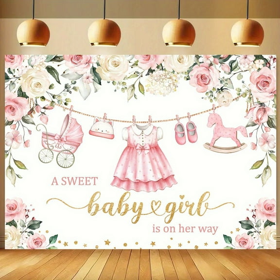 Pink Cute Clothes Baby Shower Backdrop A Sweet Baby Girl is On Her Way Banner Watercolor Pink Floral Sweet Little Girl Baby Shower Party Decorations Banner Supplies Photo Booth Props