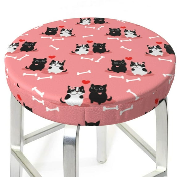 Pink Cute Couple Cats Love Bones Round Bar Stool Seat Covers, Elastic Round Chair Cover Stool Seat Slipcover Bar Stool Cushions Round Pad for 12-14 inch