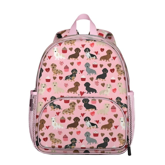 Pink Cute Dachshund Dog and Love Heart Backpack Backpack for School,Cute School Bag,Schoolbag with Adjustable Shoulder Straps & Padded Back,13.8"x11.4"x6"