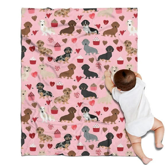 Pink Cute Dachshund Dog and Love Heart Blanket,Comfortable Soft Flannel Throw Blanket,All Season,Warm Lightweight Blankets for Sofa Bed Couch Living Room Chair,30"x40"