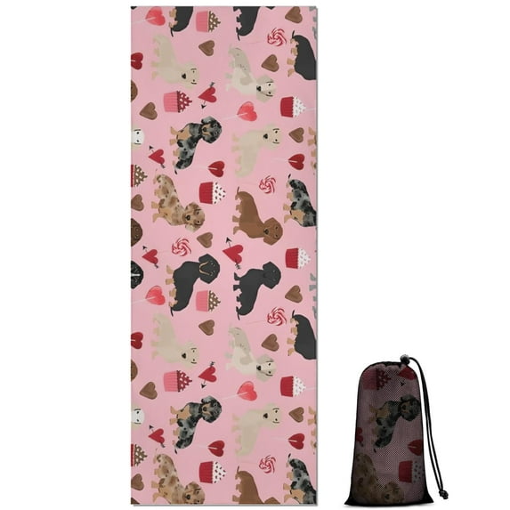 Pink Cute Dachshund Dog and Love Heart Hot Yoga Mat Towel Non Slip for Hot Yoga - Quick-Drying Yoga Mat Cover with 4 Corner Pockets with Travel Bag - Hot Yoga Towel Non Slip 70"x26"