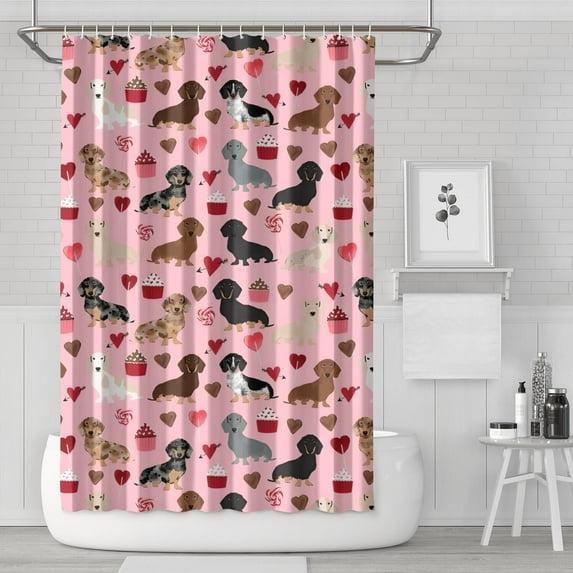 Pink Cute Dachshund Dog and Love Heart Shower Curtain 72"x72" ,Bathroom Decorative Shower Curtains Set with 12 Hooks,Modern Waterproof Washable Shower Curtain