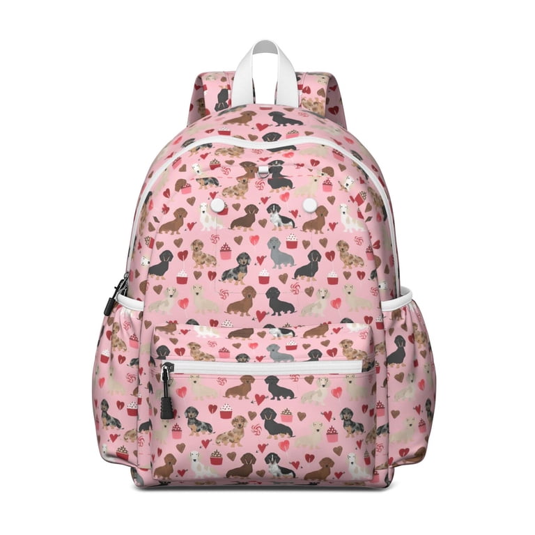Pink Cute Dachshund Dog and Love Heart Backpack for School  display picture 2