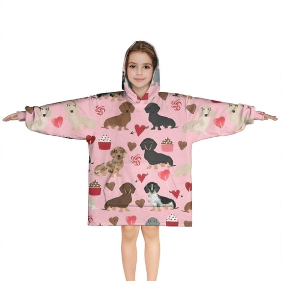 Pink Cute Dachshund Dog and Love Heart Blanket Hoodies for Kids 6-13YR Oversize Wearable Blanket Hoodies for Boys Girls Teens