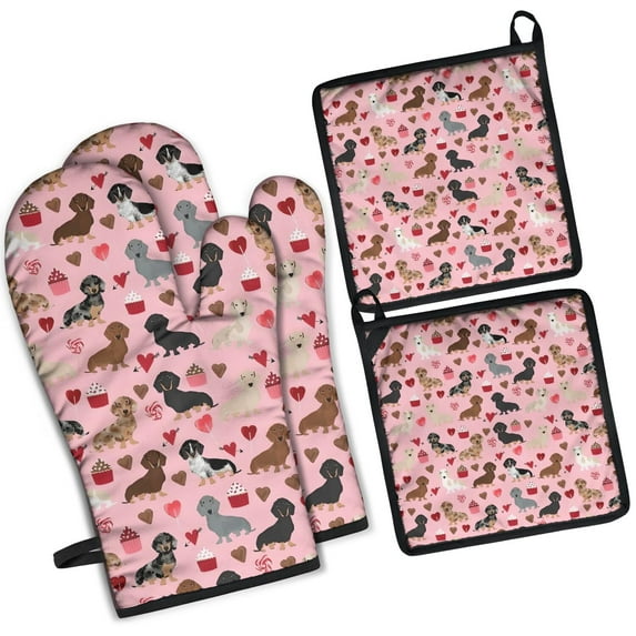 Pink Cute Dachshund Dog and Love Heart Kitchen Oven Mitt and Pot Holder Sets 4 Pcs for Baking, Cooking and Grilling, Heat Resistant Up To 392 °F
