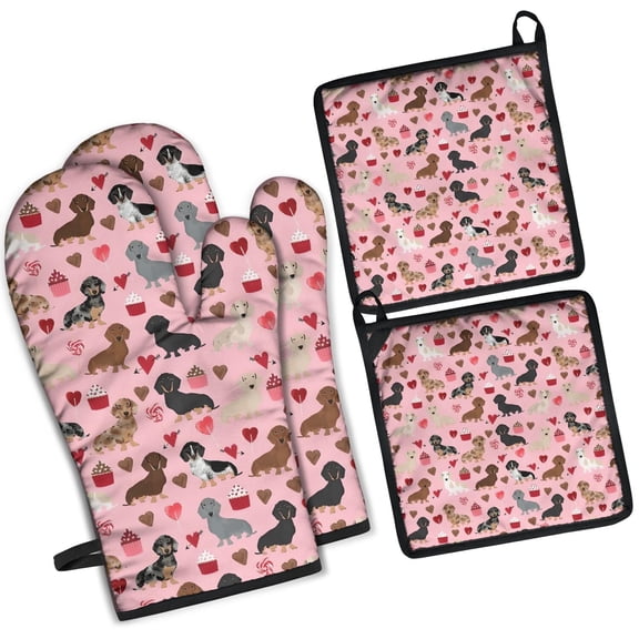 Pink Cute Dachshund Dog and Love Heart Kitchen Oven Mitt and Pot Holder Sets 4 Pcs for Baking, Cooking and Grilling, Heat Resistant Up To 392 °F