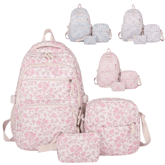 Pink Vintage Ditsy Floral Quilted Backpack Set Lightweight Casual Daypack with Small Crossbody Purse and Storage Makeup Bag for Outdoor Travel
