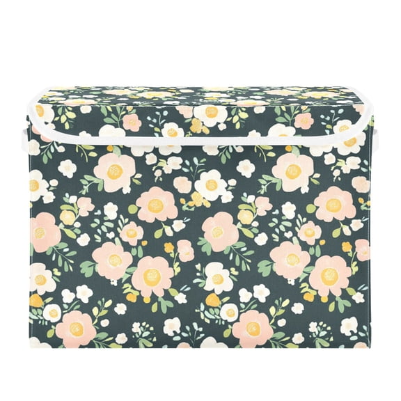 Pink Cute Flower Large Storage Bins with Linen Collapsible Lid Storage Box 16.7 x 12.6 x 11.8in