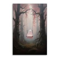 Pink Cute Ghost on Swing Canvas Poster Wall Art Picture Prints Hanging Photo Gift Decor Home Posters Artworks 16x24inch(40x60cm)
