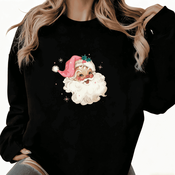 Pink Santa Vintage Christmas Graphic Tee T-Shirt Print Top Cotton Round-neck long-sleeved Black S-3XL