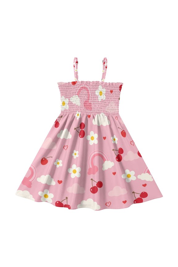 Pink Cute Pattern Girls' Casual Dresses 2Y-8Y Sleeveless Ruffle Neck for Summer Daily Wear