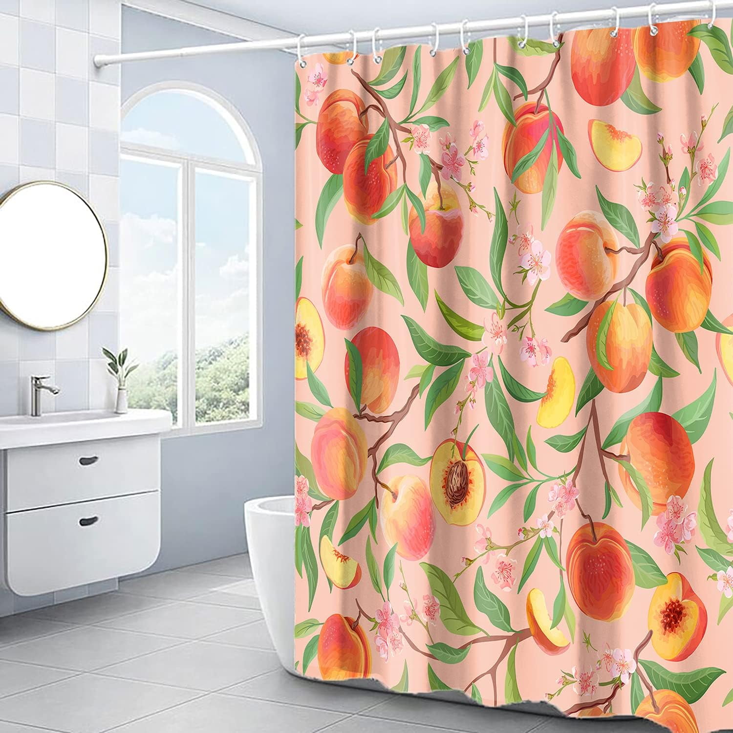 Pink Cute Peach Shower Curtain Orange Fruit Floral Colorful Bathroom