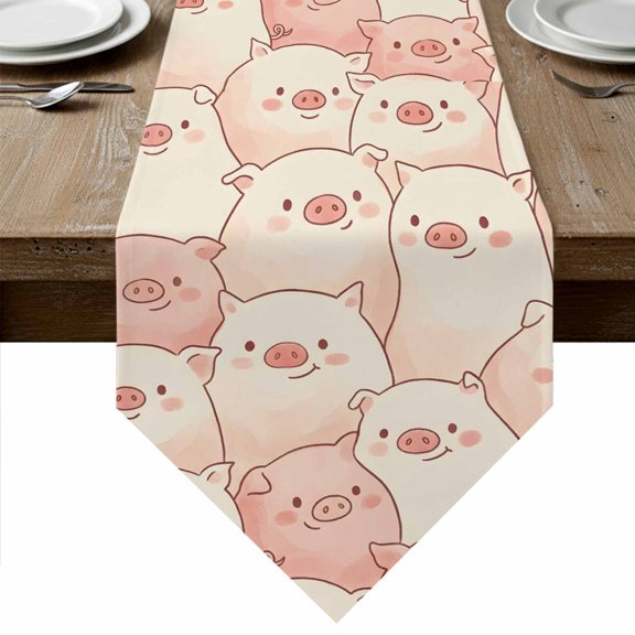 Pink Cute Pigs Table Runner Linen Burlap Table Runner 90 Inches Long Modern Animals Cartoon Dresser Scarves for Kitchen Island Coffee Dining Room Party Wedding Banquet Holiday Decoration 13"x90"