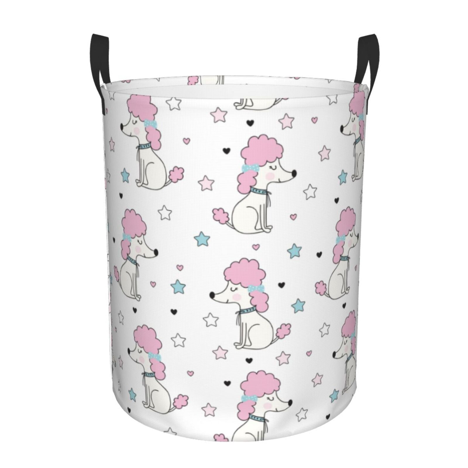 Pink Cute Poodle Dog Stars Round Laundry Basket, Laundry Hamper with ...