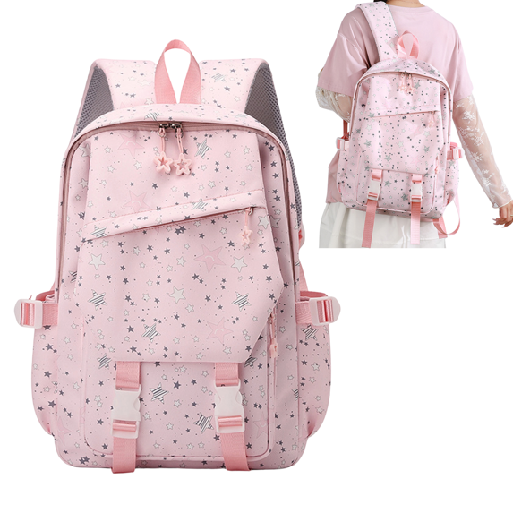 Pink Cute Star Printed Backpack, 16.5-Inch Bookbag for Middle & Elementary School,Backpack for them Ages 6-16