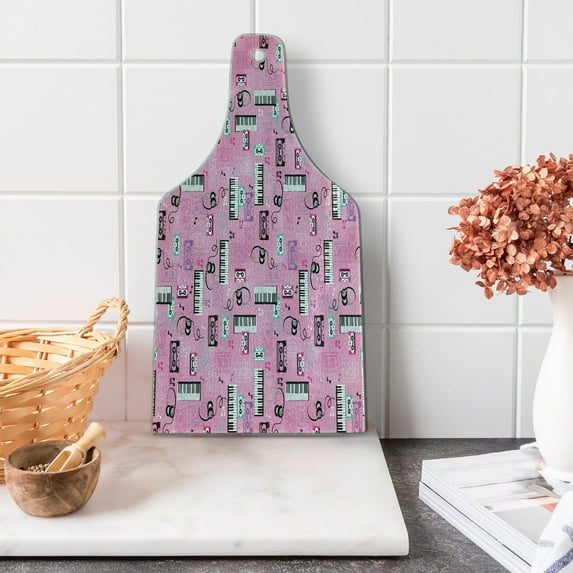 Pink Cutting Board, Listen to Music Theme Vintage Cassettes Headphones Keyboards Funky Retro Illustration, Decorative Tempered Glass Cutting and Serving Board, Wine Bottle Shape, Pink, by Ambesonne
