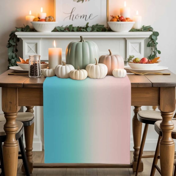 Pink Cyan Cotton Linen Table Runner, Washable Table Runners for Kitchen, Dining Room, Holiday, Home Party Table Decor, 13x36 Inches