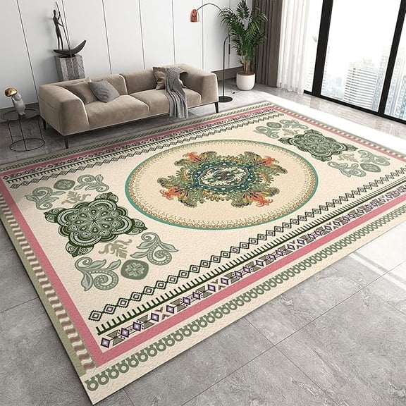 Pink Cyan Retro Floral Texture Area Rug, Rustic European Style Furniture Decor Rug, Machine Washable Soft Non-Shedding Carpet For Living Room Bedroom Dining Room 2 x 3ft
