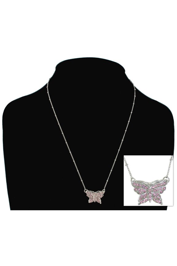 Pink Cz Crystal Rhinestone Silver Tone Butterfly Bug Pendant Necklace Ladies Adult Female Women
