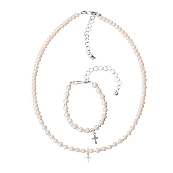 Pink Czech Glass Pearls with Silver Beads and Cross Keepsake Bracelet and Necklace Gift Set (GSNB32)