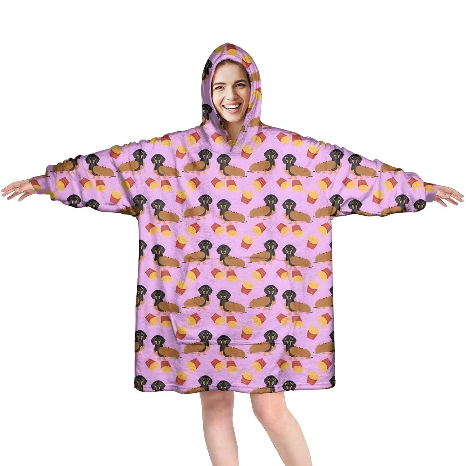Pink Dachshund Chips Wearable Oversized Blanket,Wearable Blanket Hoodie for Adults,Cozy Hooded Blankets with Super Pockets,Super Warm Fuzzy Pullover for Women & Men