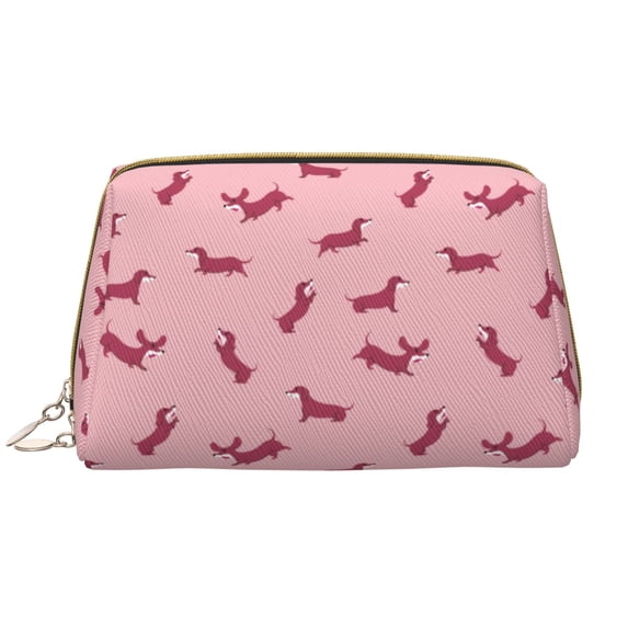 Pink Dachshund Dog Puppy Makeup Bag, Large Capacity Travel Cosmetic Bag for Women Girls- Travel Toiletry Bag Leather Portable Waterproof Makeup Case Organizer with Handle