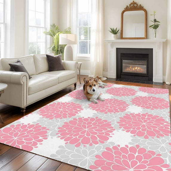 Pink Dahlia Area Rug 5x7 FT, Non Slip Bedroom Throw Carpet, Farmhouse Abstract Grey Floral Patterned Washable Soft Floor Carpet Non-Shedding Rug for Dining Room Bedside Classroom Desk