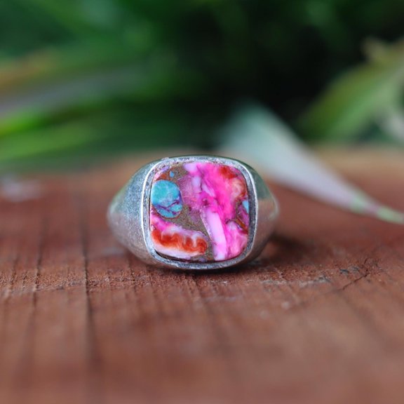 Pink Dahlia Copper Turquoise Ring, 925 Silver Ring, Rectangular Gemstone Ring, Minimalist Ring, Genuine Ring, Men's Signet Ring, Boho Ring**