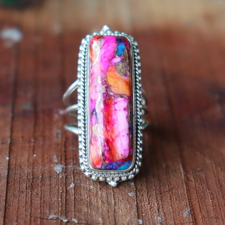 Pink Dahlia Copper Turquoise Ring, Statement Ring, 925 Sterling Silver Long Ring, Handmade Ring, Boho Jewelry, Bohemian Ring, Gift For Her**