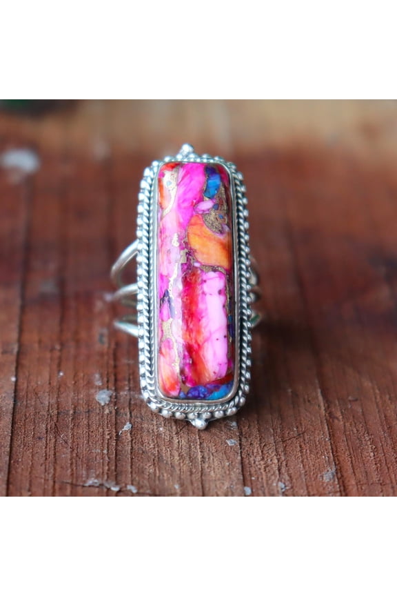 Pink Dahlia Copper Turquoise Ring, Statement Ring, 925 Sterling Silver Long Ring, Handmade Ring, Boho Jewelry, Bohemian Ring, Gift For Her**