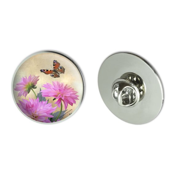 Pink Dahlia Flowers and Butterfly Metal 1.1" Tie Tack Hat Lapel Pin Pinback