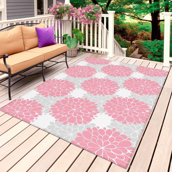 Pink Dahlia Outdoor Rug for Patio/Deck/Porch, Non-Slip Large Area Rug 6 x 9 Ft, Farmhouse Abstract Grey Floral Patterned Indoor Outdoor Rugs Washable Area Rugs, Reversible Camping Rug Carpet Runner