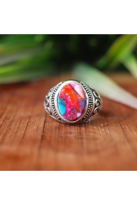 Pink Dahlia Oyster Turquoise Ring, 925 Silver Ring, Designer Ring, Multi-Stone Mosaic Ring, Boho Jewelry, Oval Gemstone Ring, Gift For Her*