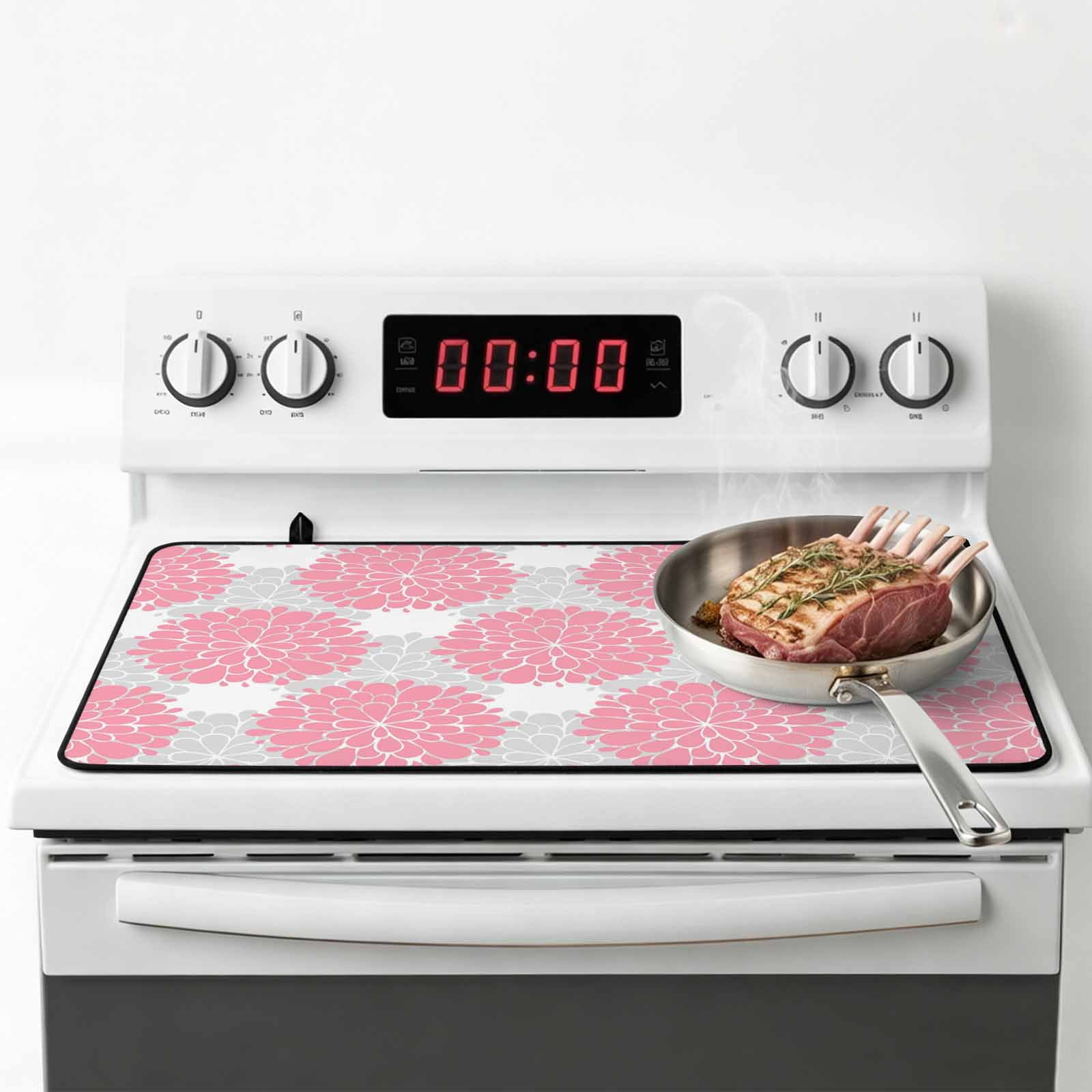 Pink Dahlia Stove Top Cover for Electric Stove, Heat-proof & Non Slip Glass Top Stove Cover Protector, Farmhouse Abstract Grey Floral Patterned Kitchen Flat Cooktop Rubber Mat 24x21 Inches