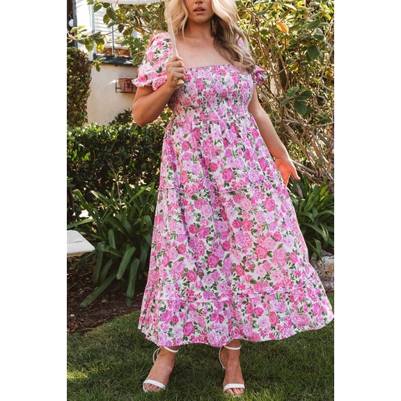 Pink Dainty Floral Smocked Puff Sleeve Flowy Long Dress