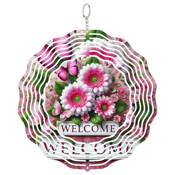 Pink Daisies And Butterflies Floral Welcome 3D Wind Spinner Stainless Steel Kinetic Art Garden Decor Gift 10 Inch